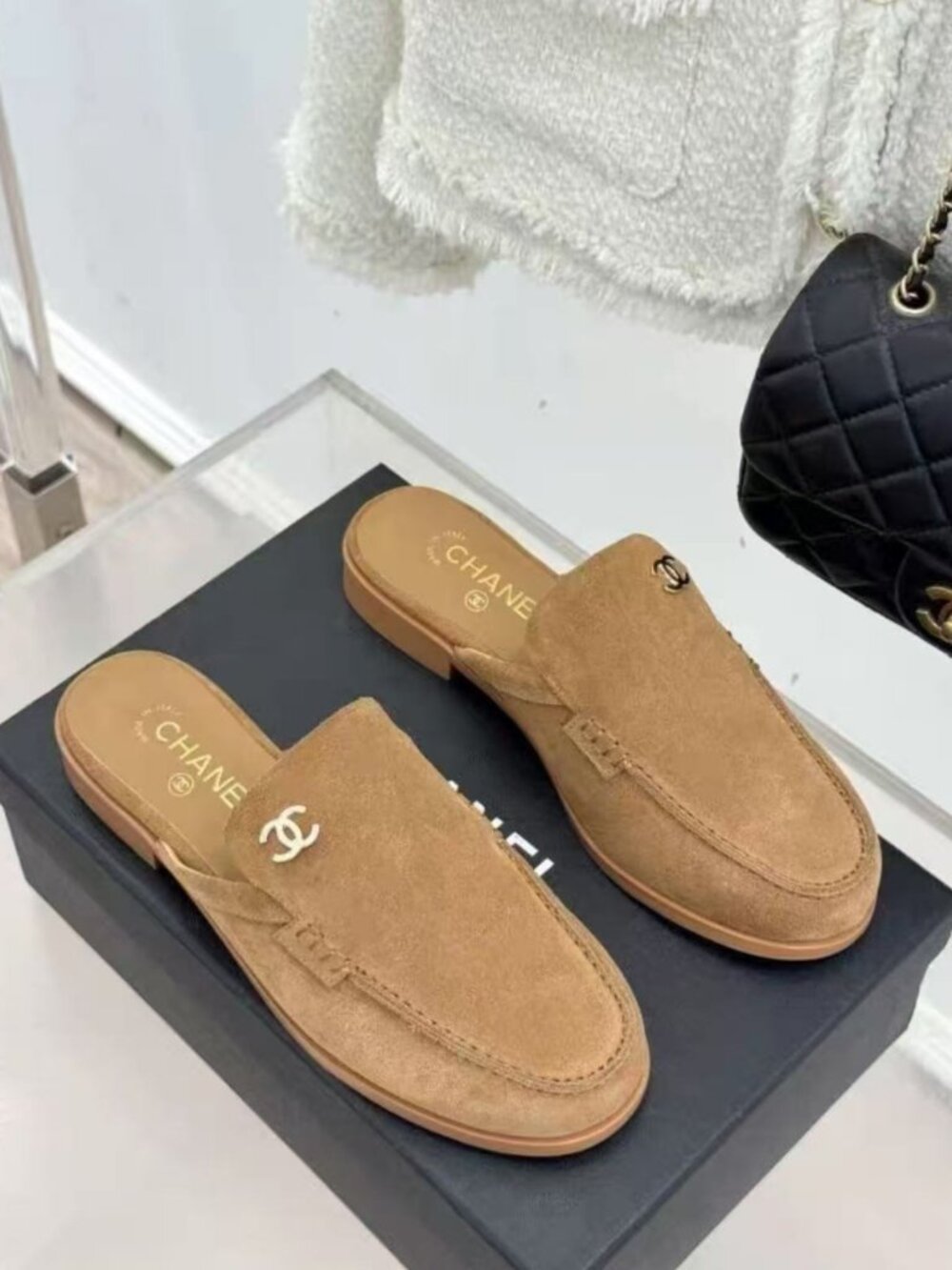 CHANEL Brown Suede Gold CC Logo Backless Loafers